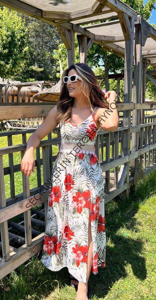 Kadın Ip Askılı V Yakalı Bel Güpür çiçek Desenli Yandan Yırtmaçlı Maksi Süprem Elbise