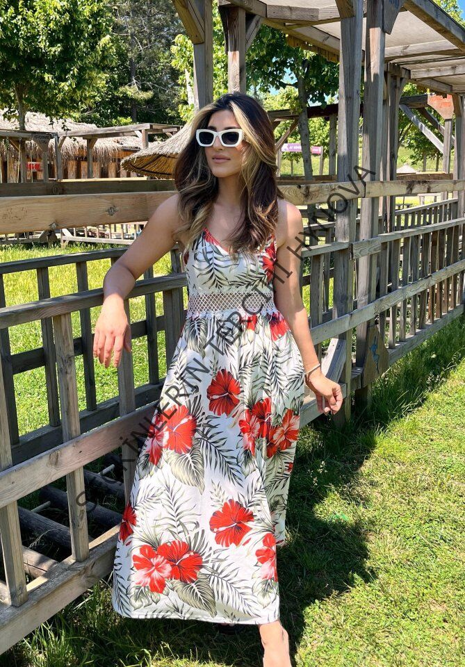 Kadın Ip Askılı V Yakalı Bel Güpür çiçek Desenli Yandan Yırtmaçlı Maksi Süprem Elbise