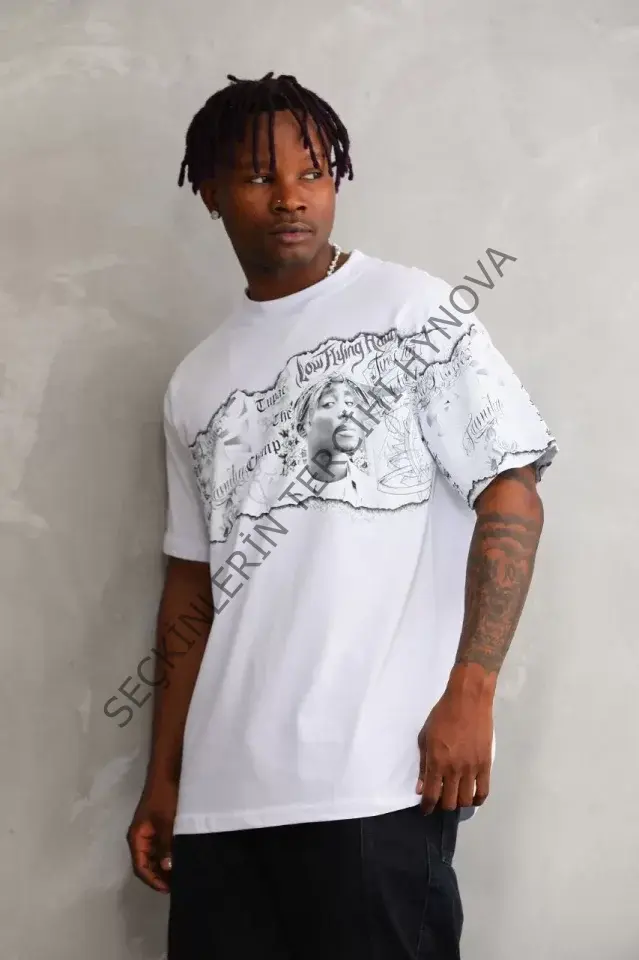 Unisex Bisiklet Yaka Baskılı Oversize T-Shirt - Beyaz