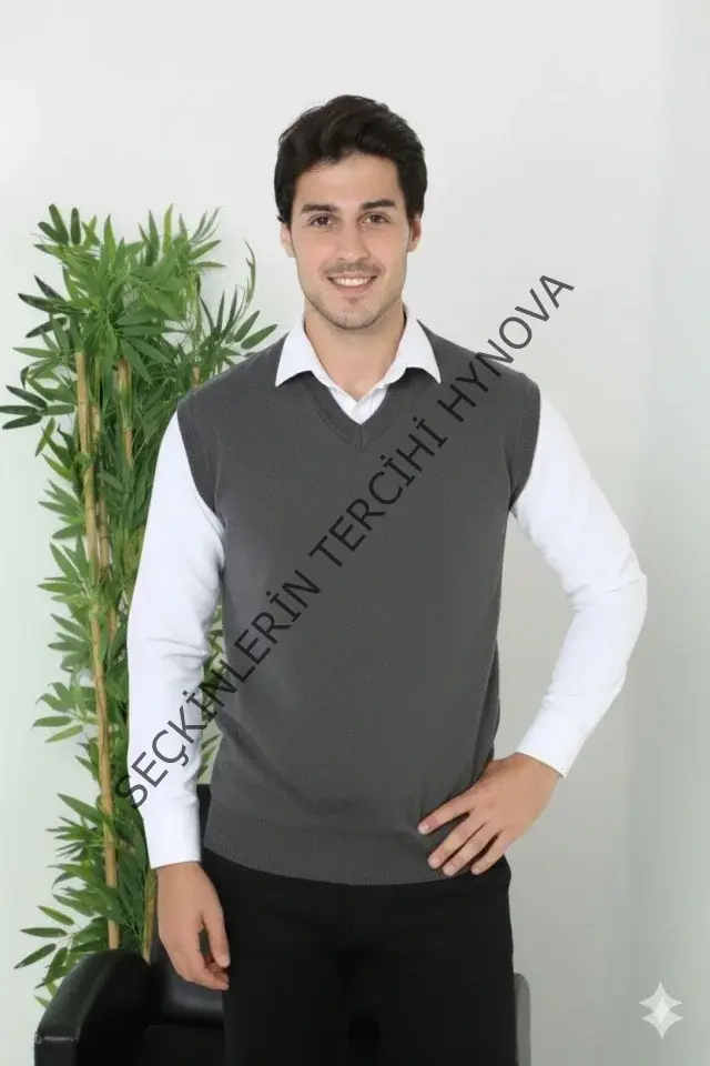 Erkek V Yaka Kolsuz Süveter Triko Kazak Yumuşak Dokulu Pamuklu Ince Dokuma Rahat Regular Kalıp - Füme