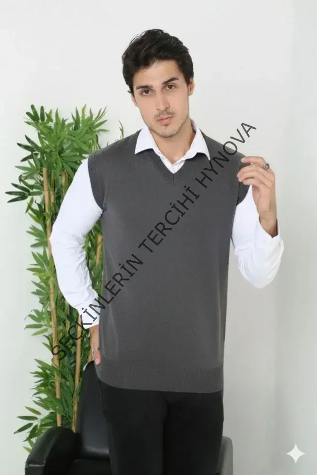 Erkek V Yaka Kolsuz Süveter Triko Kazak Yumuşak Dokulu Pamuklu Ince Dokuma Rahat Regular Kalıp - Füme