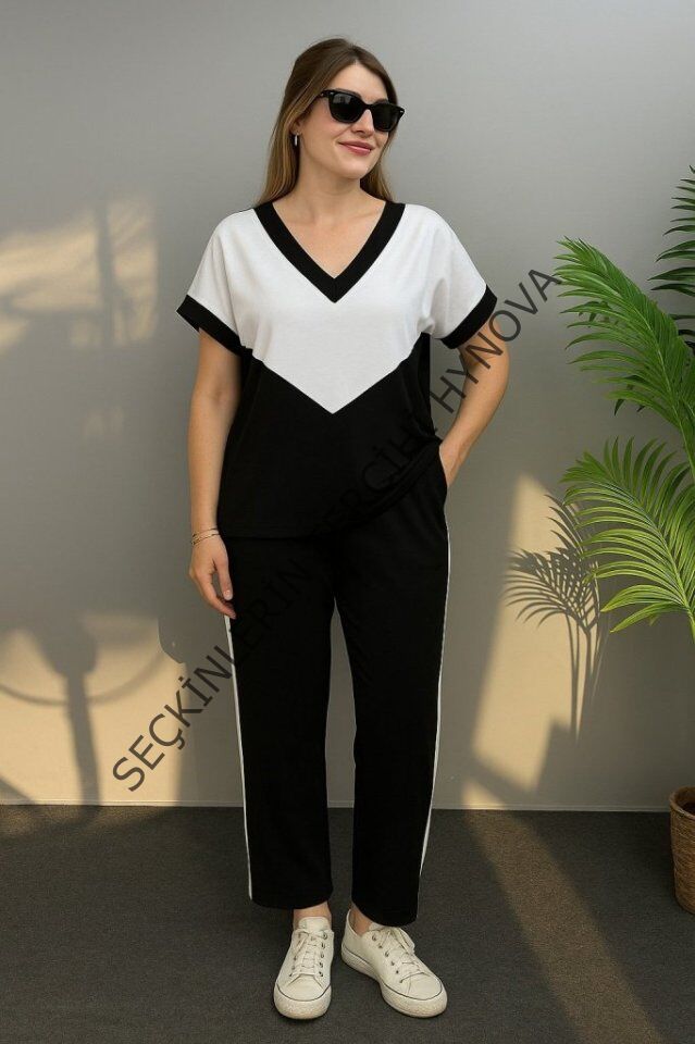 Kadın Kısa Kollu V Yaka Siyah Beyaz Renkli Viskon Iki Iplik Kumaş Eşofman Takımı