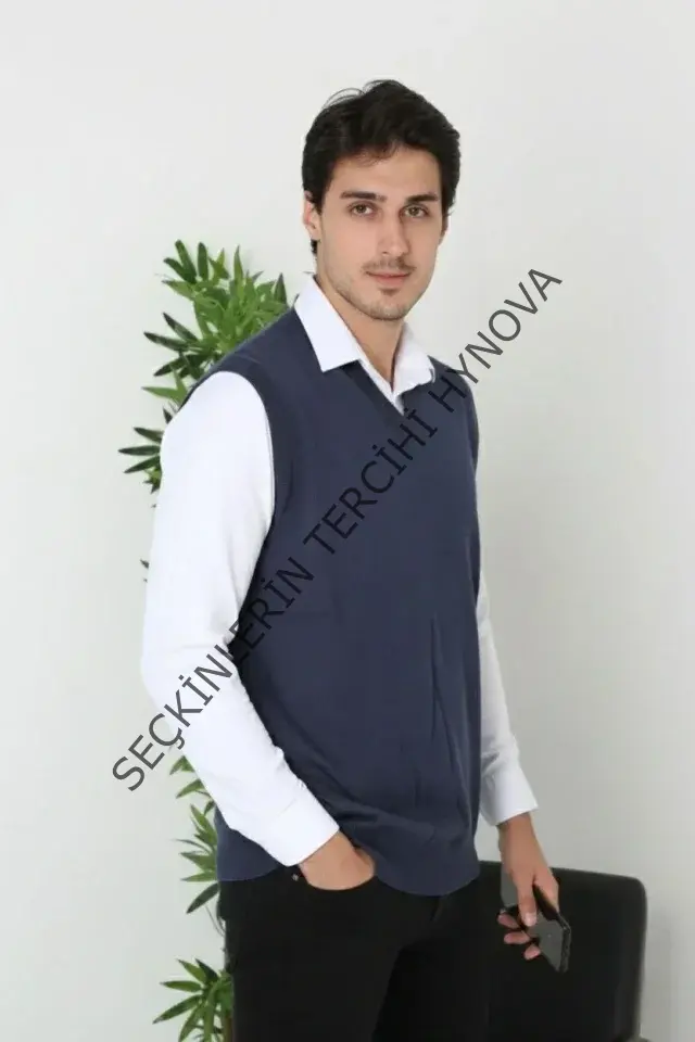 Erkek V Yaka Kolsuz Süveter Triko Kazak Yumuşak Dokulu Pamuklu Ince Dokuma Rahat Regular Kalıp - Lacivert