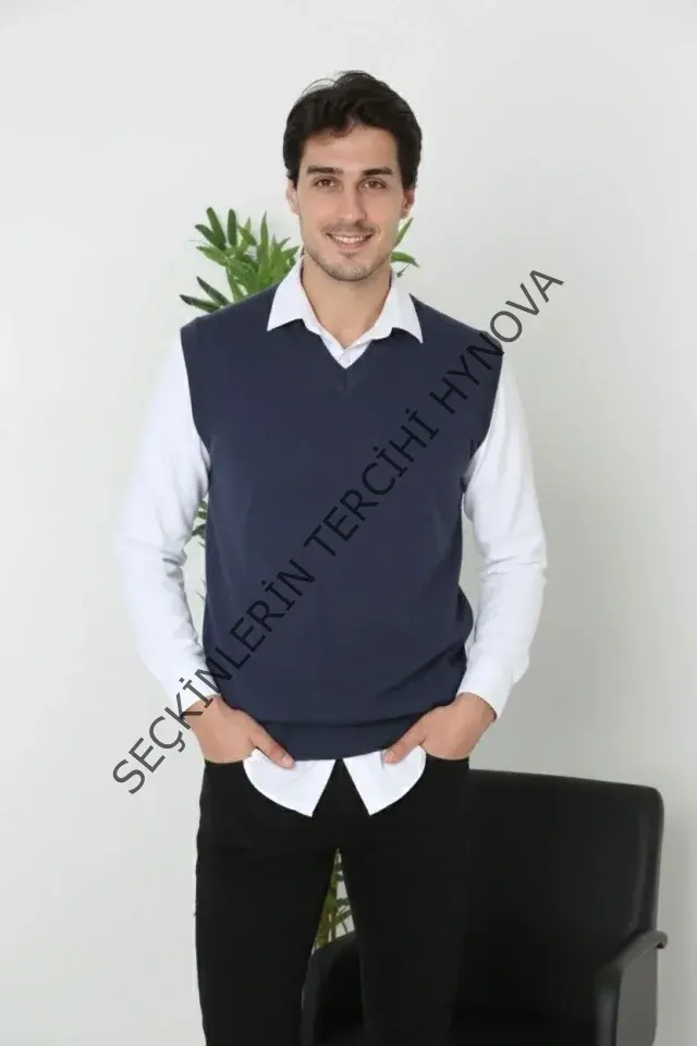 Erkek V Yaka Kolsuz Süveter Triko Kazak Yumuşak Dokulu Pamuklu Ince Dokuma Rahat Regular Kalıp - Lacivert