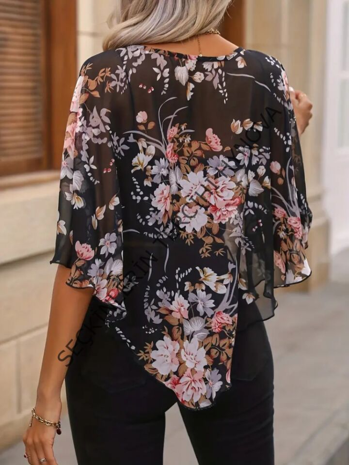 Kadın Kısa Kollu Yuvarlak Yaka çiçek Baskılı Asimetrik Kesim şifon Bluz
