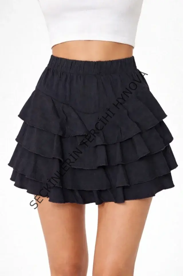 Siyah Katlı Mini Fırfıtlı Etek Lastikli Yüksel Bel, Volanlı Tasarım, Rahat Kalıp, Günlük Ve Şık Kombinelere Uygun Yazlık Etek - Siyah