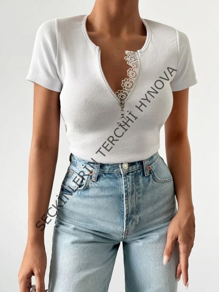 Kadın Beyaz Yaka Dantel Ve Fermuarlı Kaşkorse Bluz