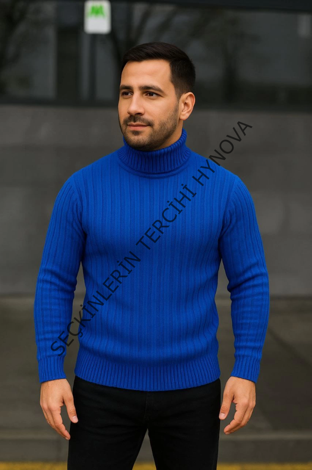 Erkek Balıkcı Yaka Bağazlı Triko Kazak Pamuklu Kalın Fitilli Dokuma, Regular Fit Uzun Kollu Kışlık Model - Saks Mavisi