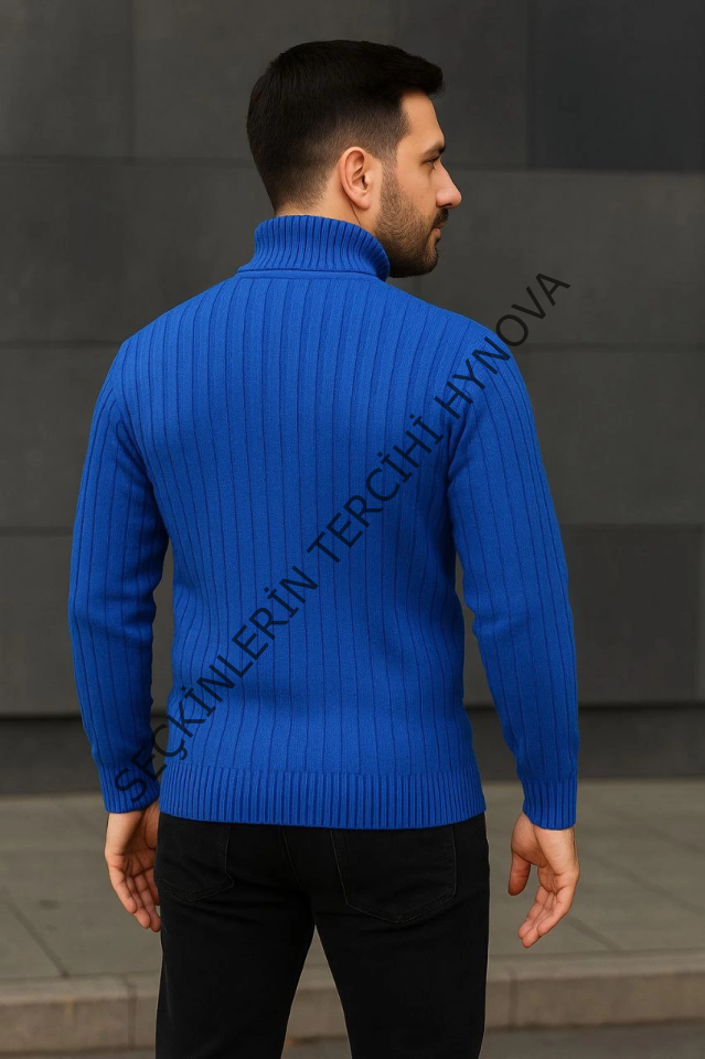 Erkek Balıkcı Yaka Bağazlı Triko Kazak Pamuklu Kalın Fitilli Dokuma, Regular Fit Uzun Kollu Kışlık Model - Saks Mavisi