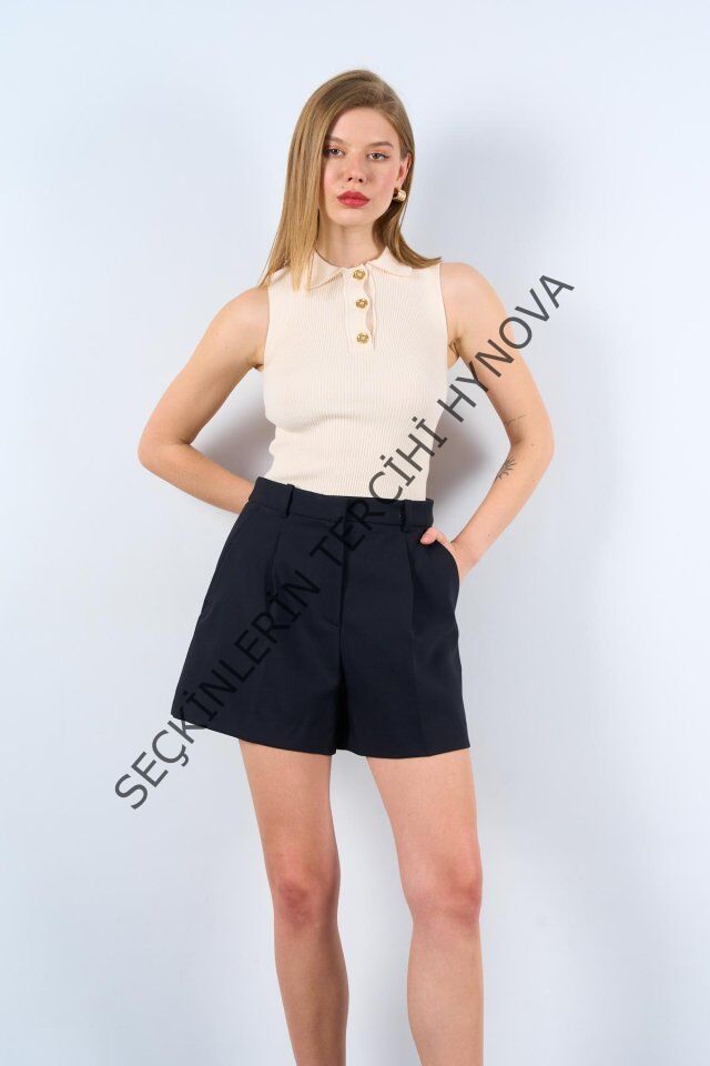 Patlı Düğmeli Triko Atlet - Beyaz Kayısı