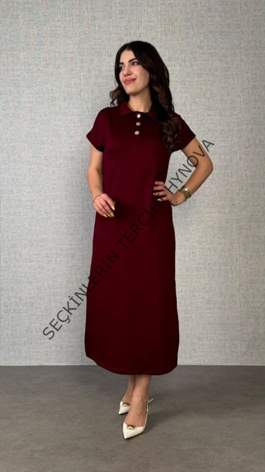 Kadın Kısa Kollu Yakalı Yandan Yırtmaçlı Viskon Iki Iplik Elbise