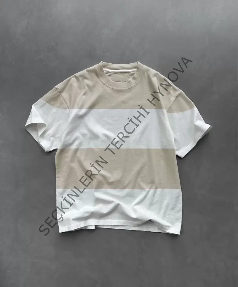 Unisex Bisiklet Yaka Parçalı T-Shirt - Bej