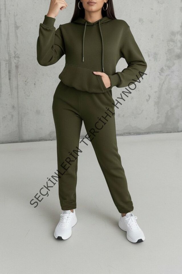 Kadın Uzun Kollu Kapşonlu Bağcıklı üç Iplik Bluz Ve Pantolon Ikili Takım