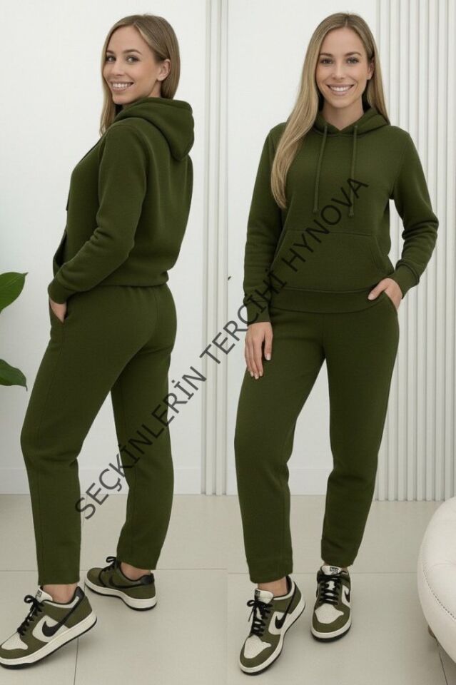 Kadın Uzun Kollu Kapşonlu Bağcıklı üç Iplik Bluz Ve Pantolon Ikili Takım