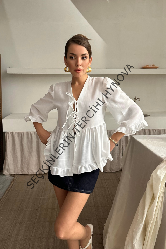 KETEN BLUZ ÖNDEN BAĞLAMALI FIRFIR DETAYLI - Beyaz