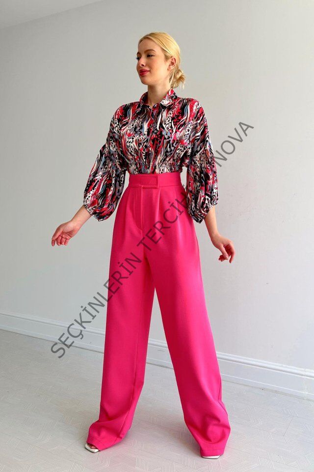 Beli Lastikli Saten Gömlek - Fuşya