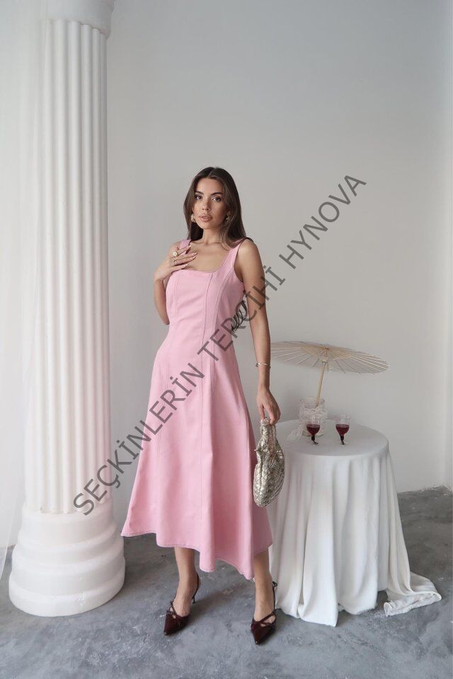 Pembe Çift Dikişli Gabardin Elbise