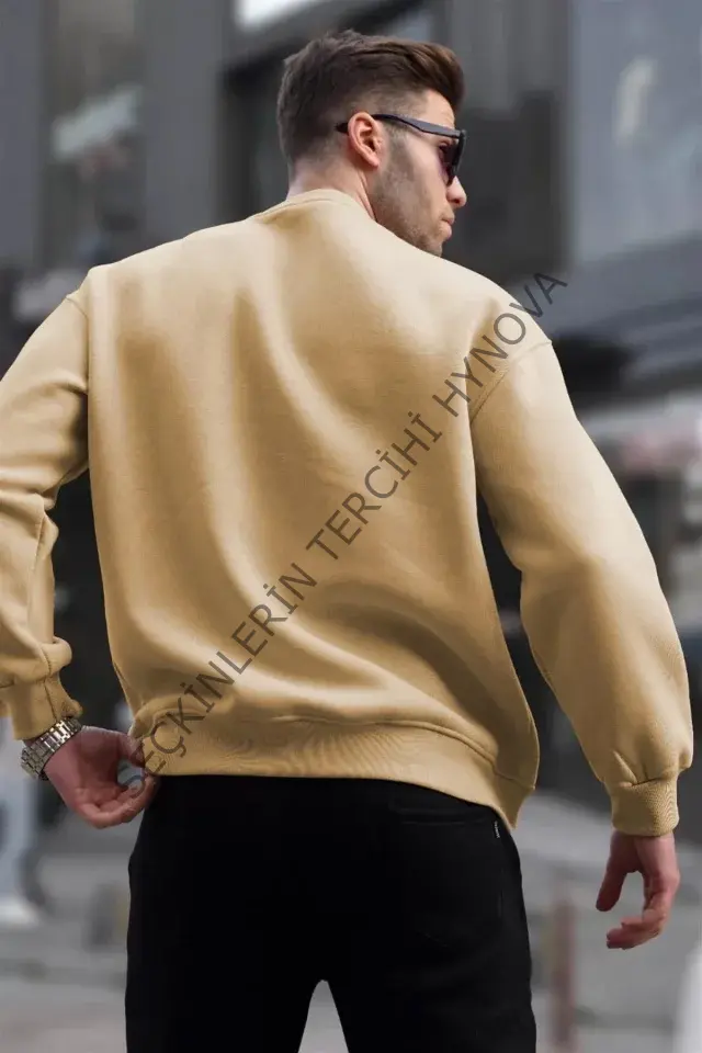 Erkek Düz Bisiklet Yaka Sweat - Bej