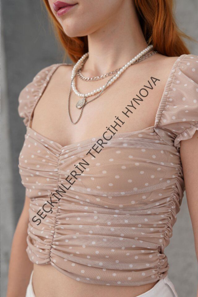 Puantiyeli Belden Oturtmalı Tül Krem Bluz