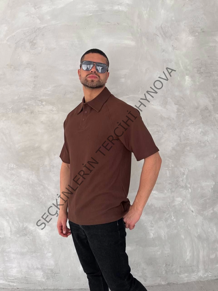 Yakalı Patlı Kısa Kol T-shirt - Kahverengi