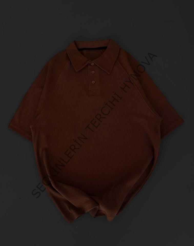 Yakalı Patlı Kısa Kol T-shirt - Kahverengi