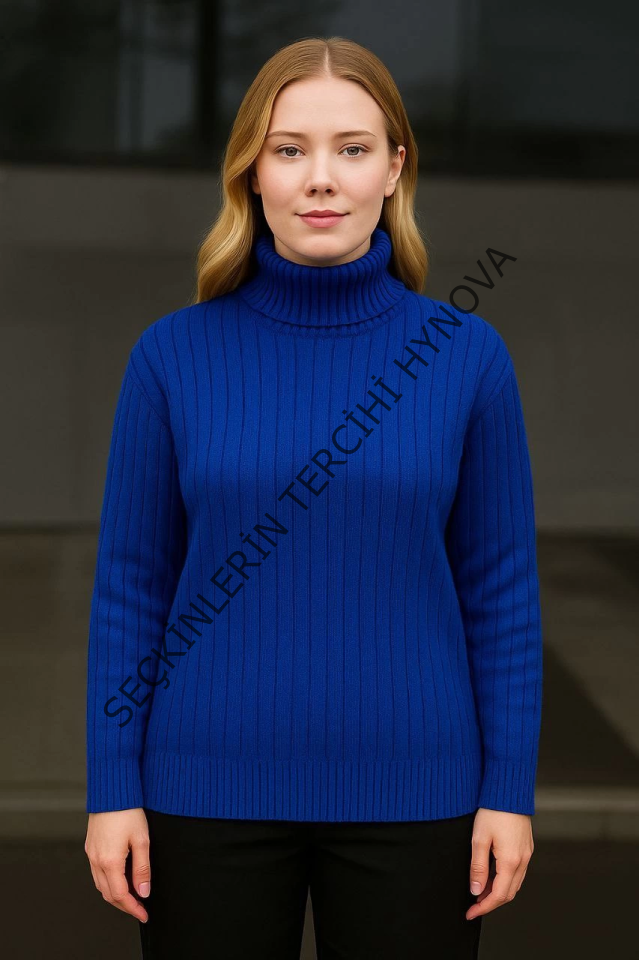 Balıkcı Yaka Bağazlı Triko Kazak Pamuklu Kalın Fitilli Dokuma - Saks Mavisi