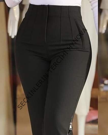 Kadın Yüksek Bel önden Nervürlü Ve Fermuarlı Yandan Dantelli Ithal Krep Pantolon