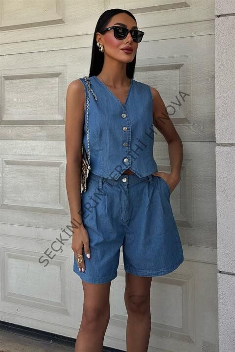 Gümüş Düğmeli Yelek Ve Şort Tensel Takım 10174