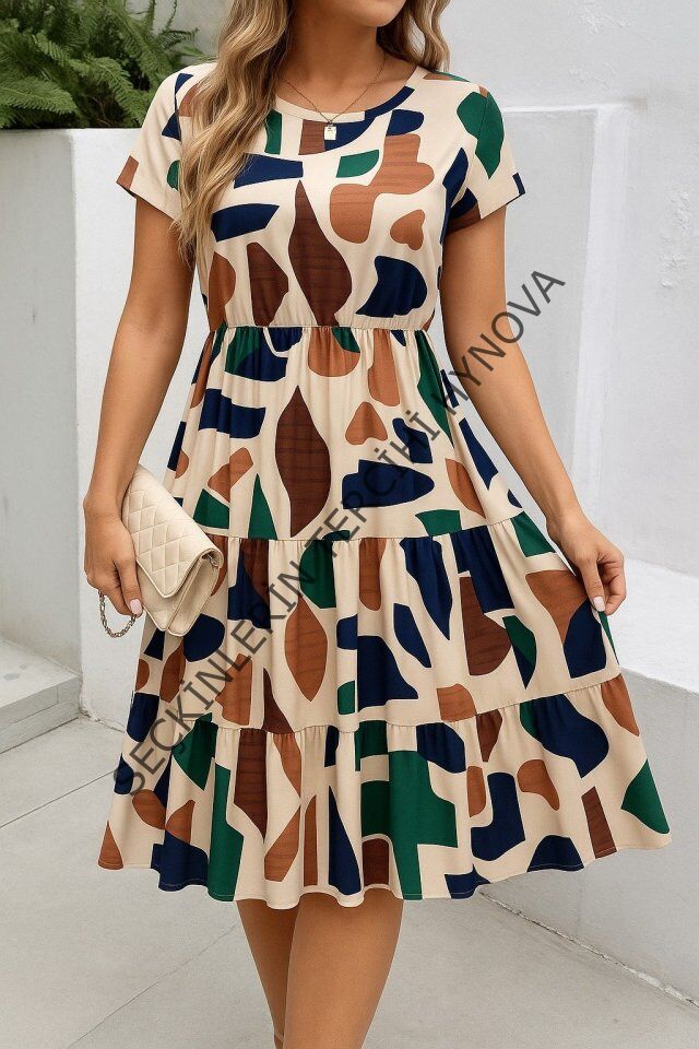 Kadın Kısa Kollu Bisiklet Yaka Desenli Fırfırlı Süprem Elbise
