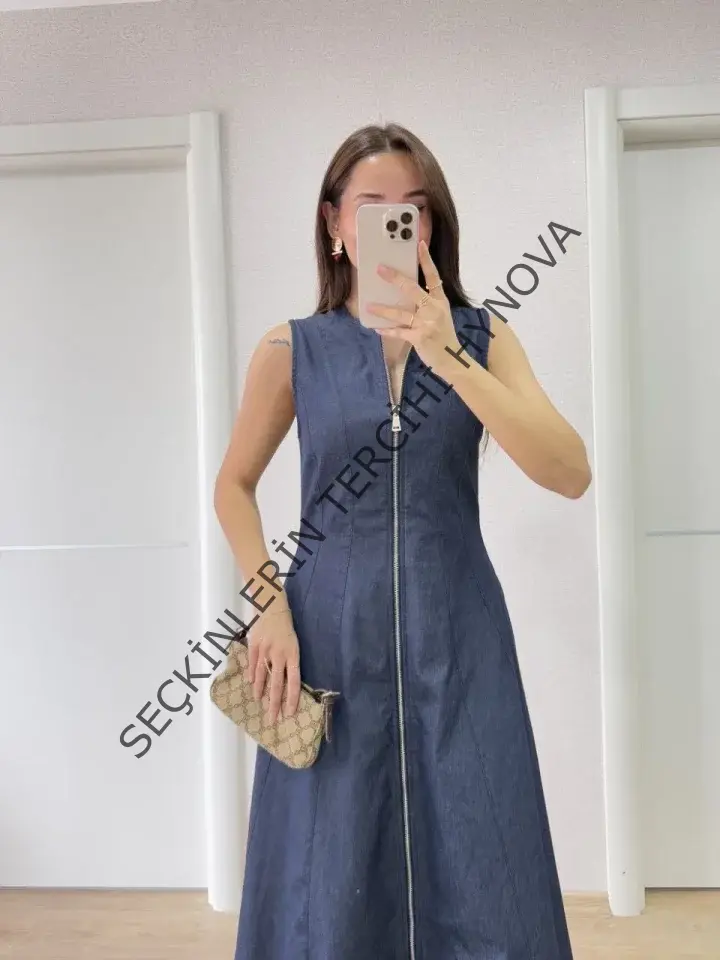 Jeans Kot Önü Tam Fermuarlı Uzun Elbise - Mavi