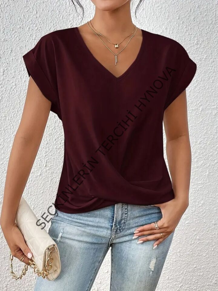 Kadın Kısa Kollu V Yakalı önden çapraz Geçmeli Detay Viskon Bluz