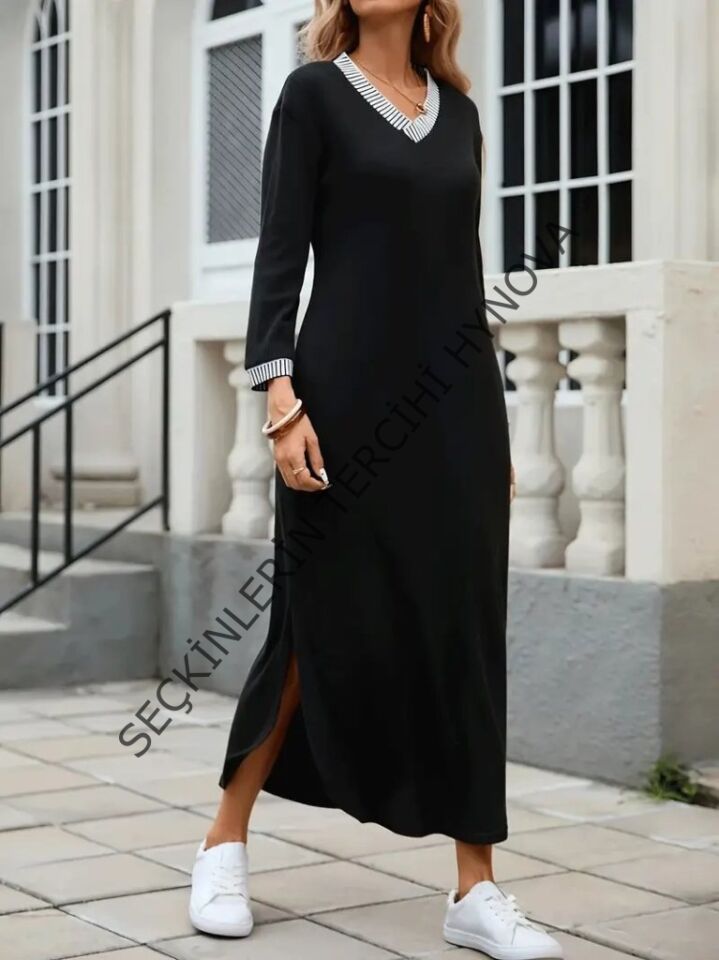 Kadın Uzun Kollu V Yakalı Yanlardan Yırtmaçlı Uzun Viskon Iki Iplik Elbise