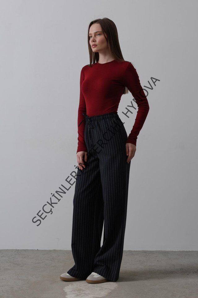 Beli Lastikli Bol Paça Pantolon - Lacivert-Beyaz