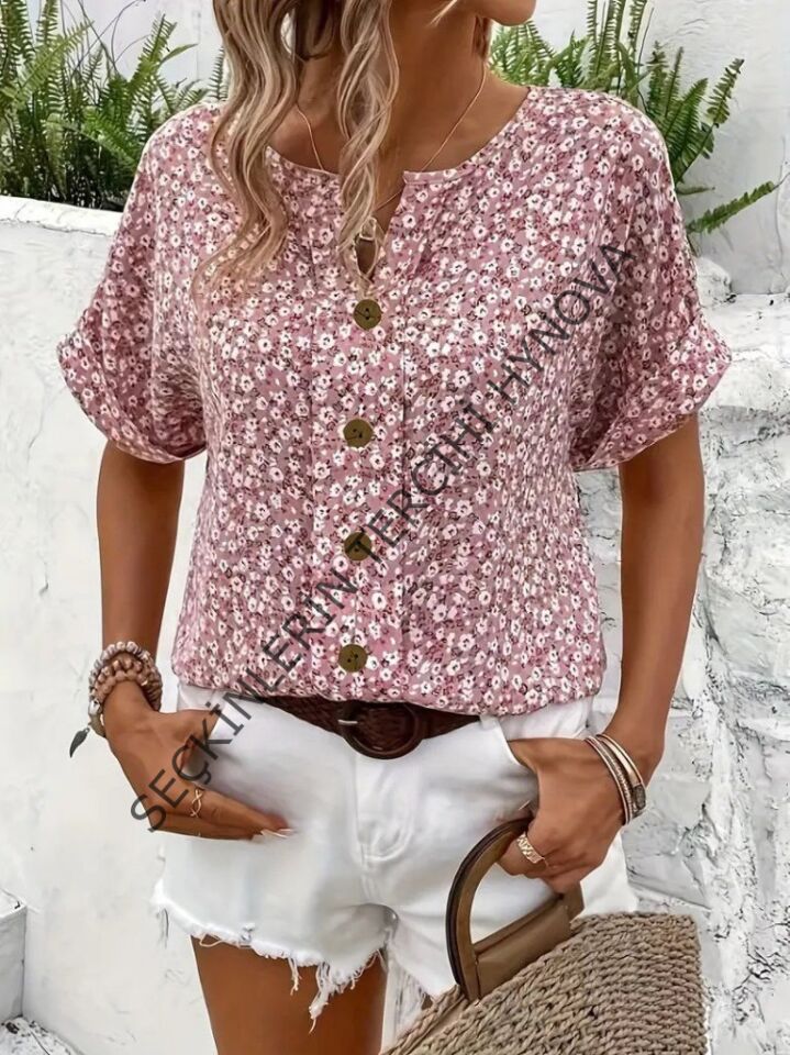 Kadın Kısa Kollu çentikli V Yaka Ve Düğme Detaylı çiçek Desenli Süprem Bluz