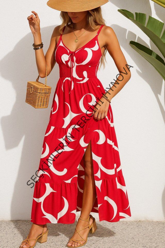 Kadın Ip Askılı Dekolteli Bağcıklı Yırtmaçlı Desenli Süprem Elbise