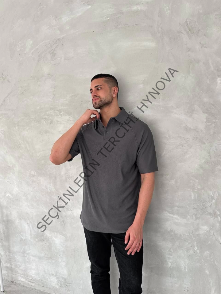 Yakalı Patlı Kısa Kol T-shirt - Antrasit