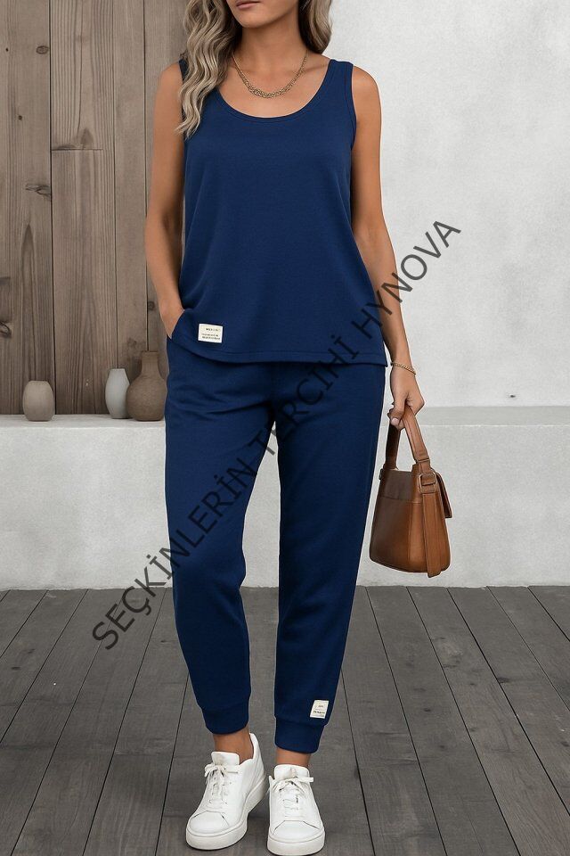 Kadın Askılı Yuvarlak Yaka Viskon Iki Iplik Bluz Ve Eşofman Altı Ikili Takım