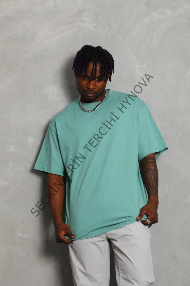 Unisex Oversize Düz Bisiklet Yaka T-Shirt - Mint Yeşili