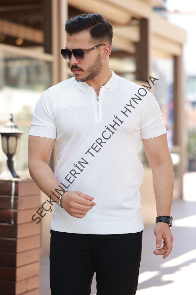 Erkek Göğüs Pirinç Desenli Fermuar Yakalı Kısa Kollu Tişört