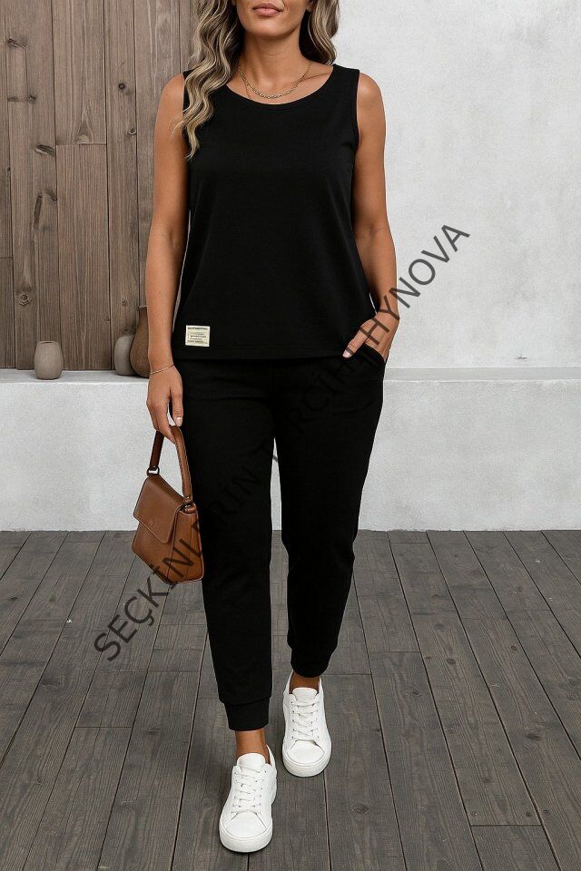 Kadın Askılı Yuvarlak Yaka Viskon Iki Iplik Bluz Ve Eşofman Altı Ikili Takım