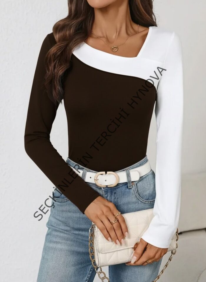 Kadın Uzun Kollu Geometrik Yaka Detaylı çift Renkli Viskon Bluz