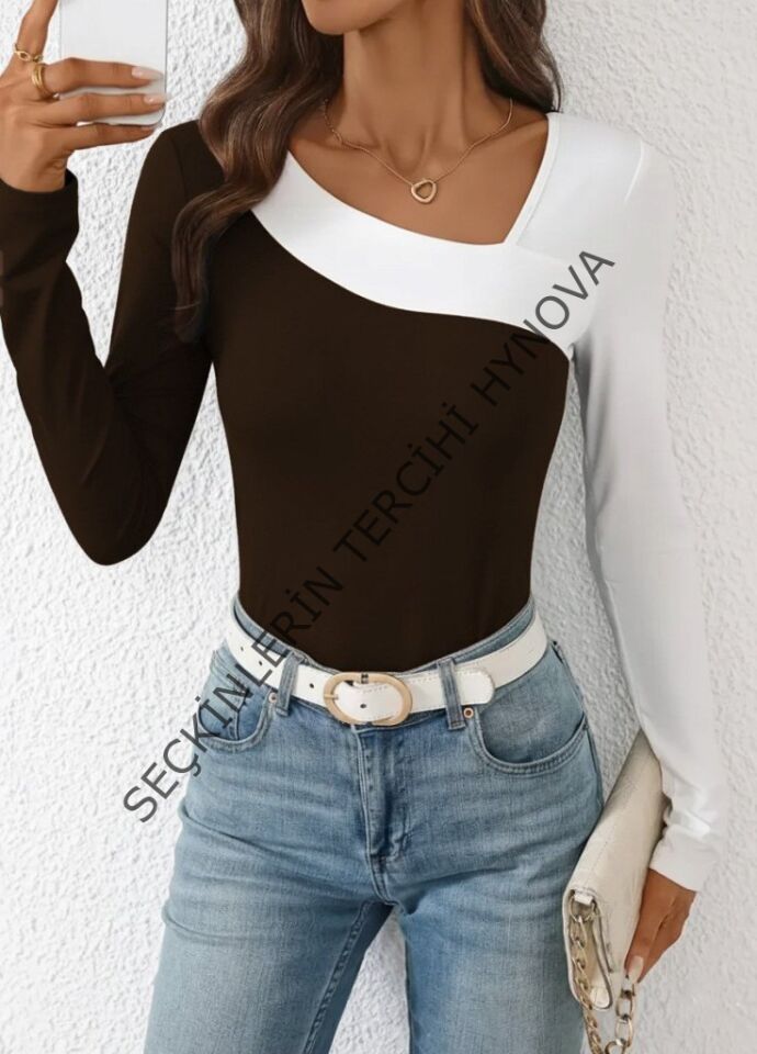 Kadın Uzun Kollu Geometrik Yaka Detaylı çift Renkli Viskon Bluz