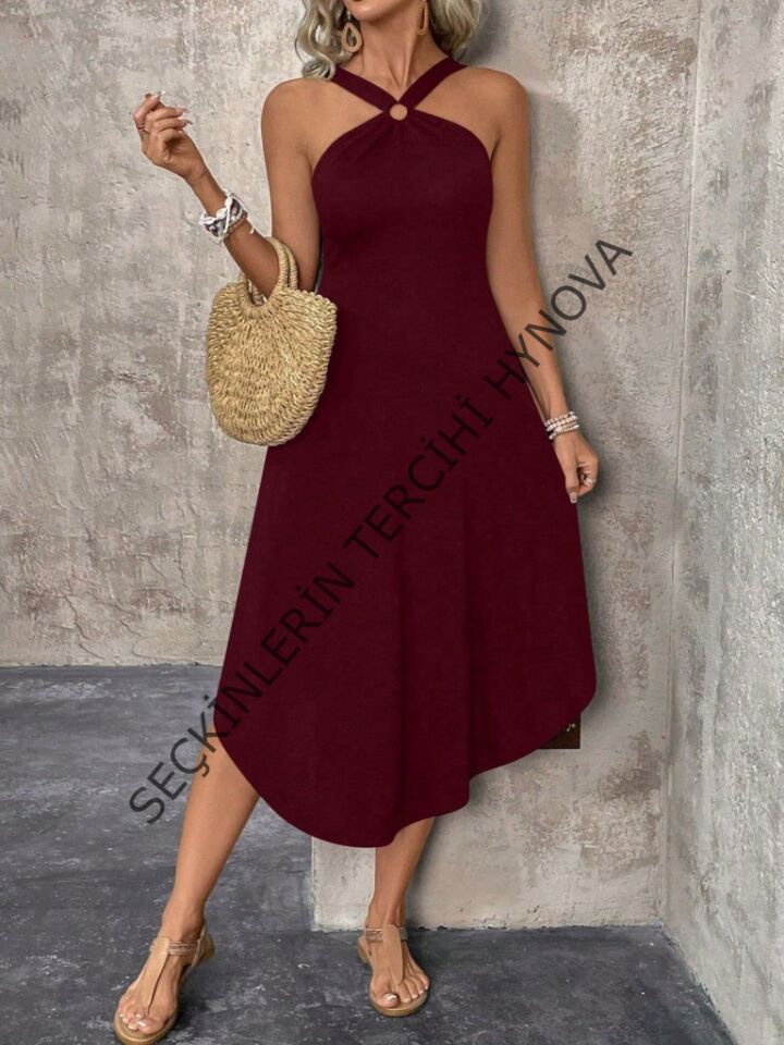 Kadın Boyundan çapraz Askılı Halka Detaylı Asimetrik Kesim Viskon Elbise