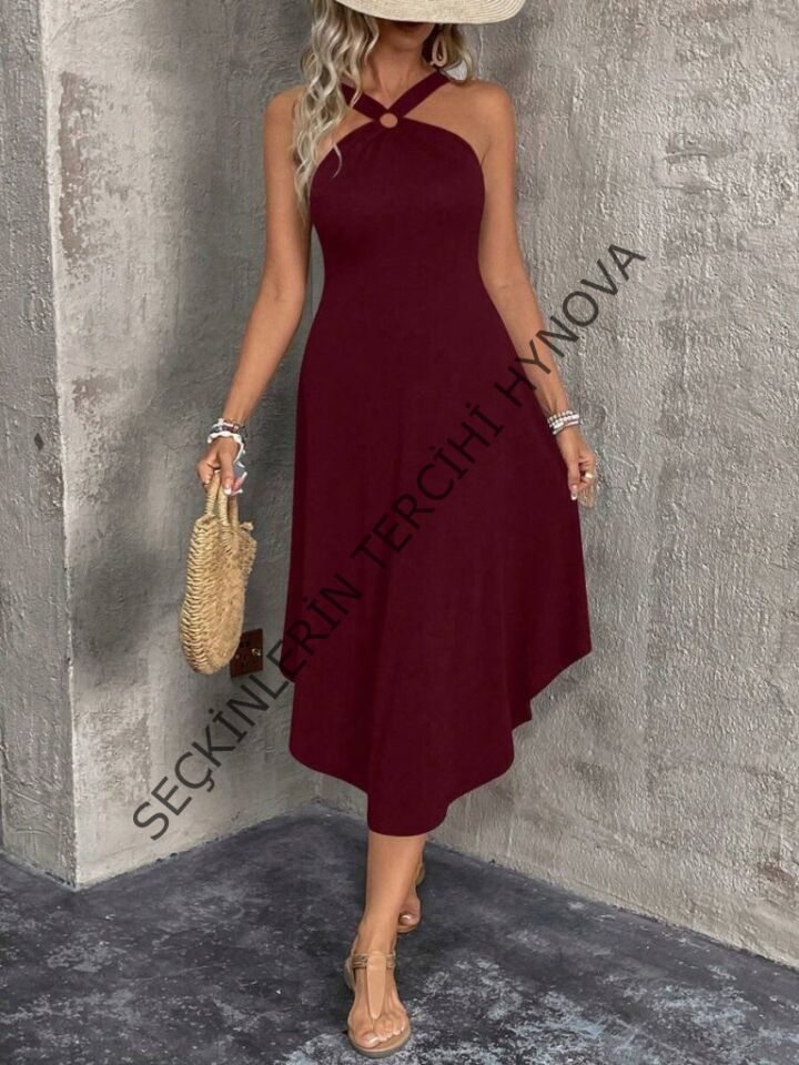 Kadın Boyundan çapraz Askılı Halka Detaylı Asimetrik Kesim Viskon Elbise