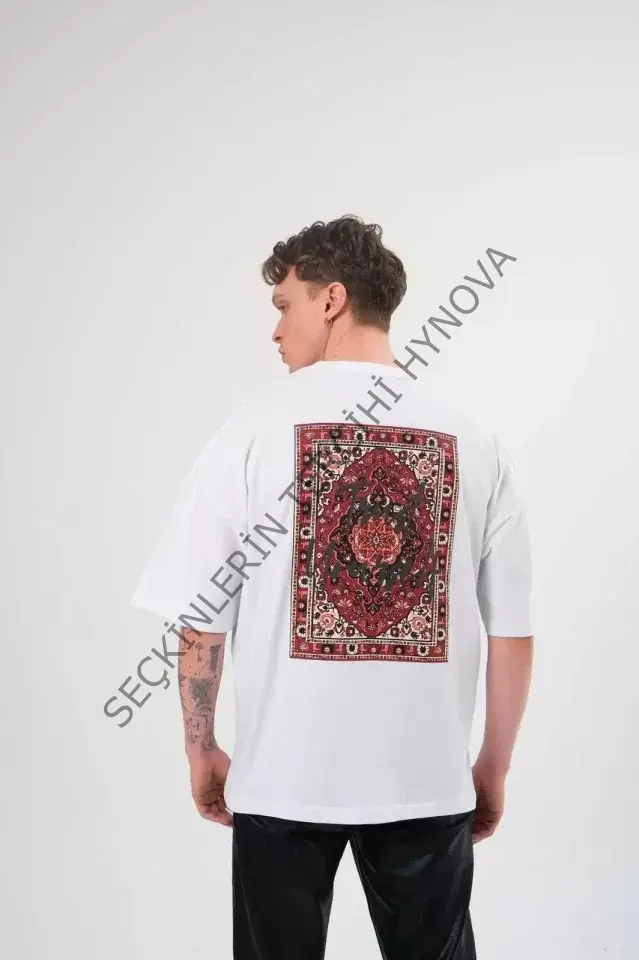 Unisex Bisiklet Yaka Baskılı Oversize T-Shirt - Beyaz