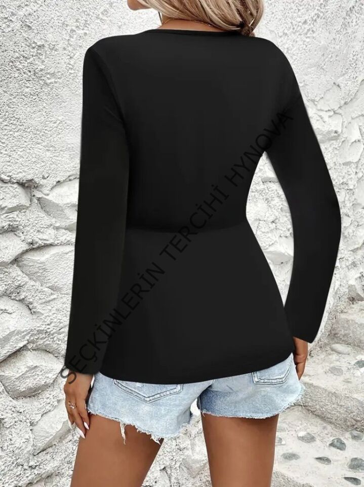 Kadın Uzun Kollu Dekolteli Sarmal Detaylı Viskon Bluz