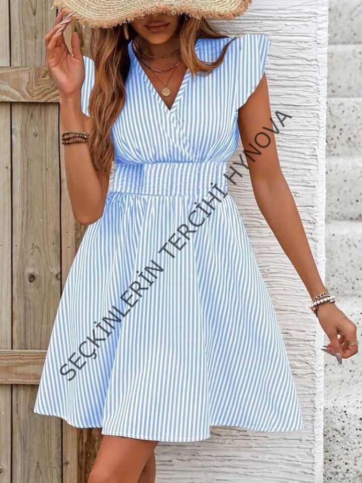 Kadın Kısa Kollu Kruvaze Yakalı Poplin Elbise