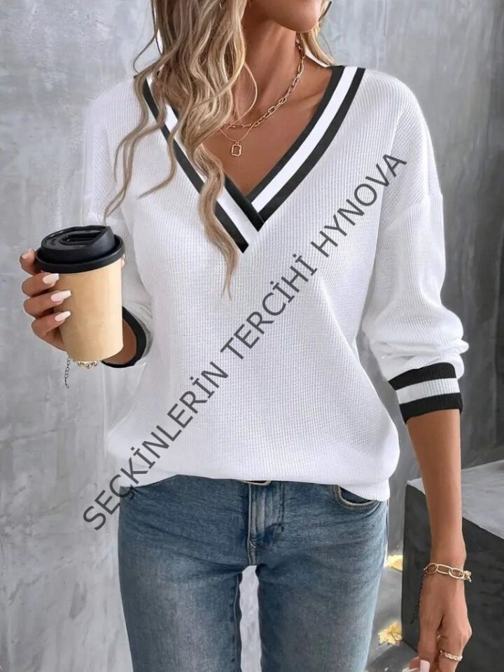 Kadın Uzun Kollu V Yakalı Waffle Bluz
