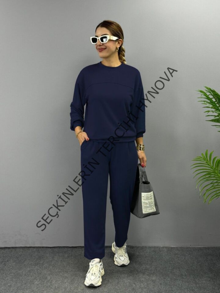 Kadın Uzun Kollu Bisiklet Yaka Viskon Iki Iplik Bluz Ve Pantolon Ikili Takım
