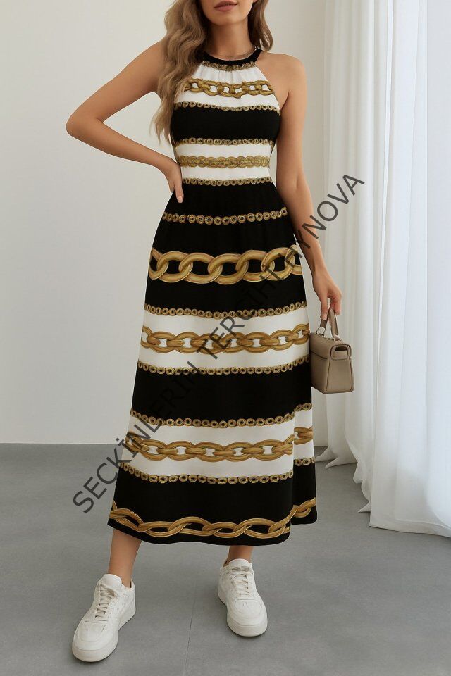 Kadın Kolsuz Boyundan Bağlamalı Beli Lastikli Dijital Baskı Süprem Uzun Elbise